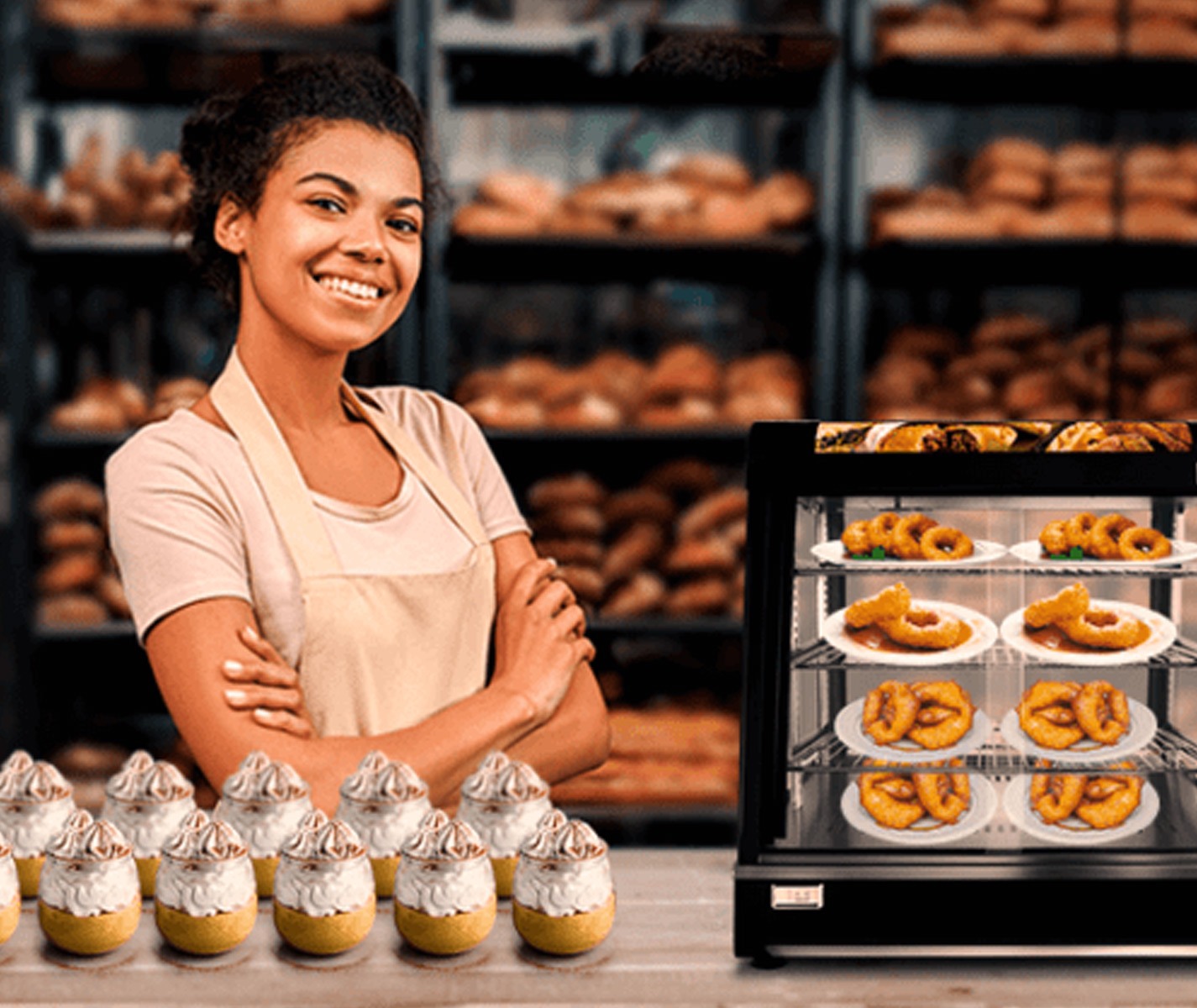 Chica sonriente con vitrina caliente y postres deliciosos en Imiyasato Equipamientos