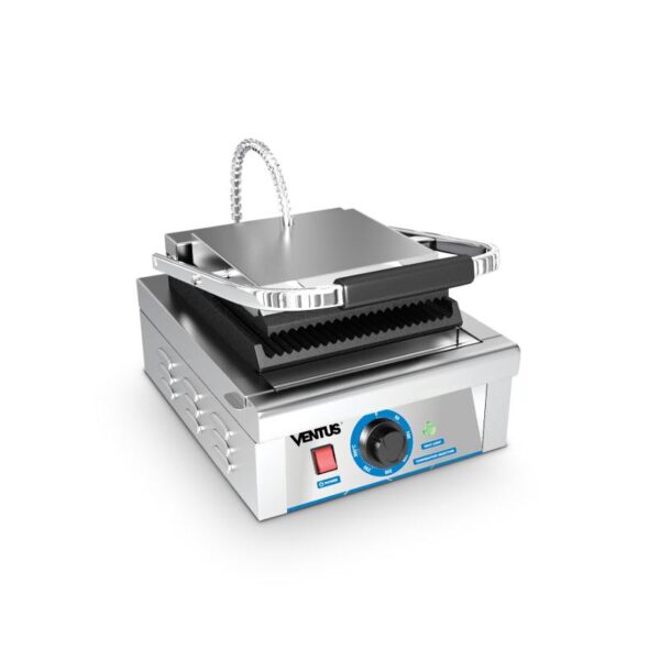 Imagen del Panini Grill Ventus VCGH-811, diseñado en acero inoxidable, ideal para preparar sándwiches y paninis con marcas de parrilla perfectas.