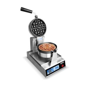 Wafflera Ventus VWE-2 de color rojo con diseño moderno y compacto, abierta y mostrando un waffle dorado y esponjoso en su interior, sobre un fondo blanco. La imagen resalta las características y la calidad del producto, ideal para preparar deliciosos desayunos o meriendas.