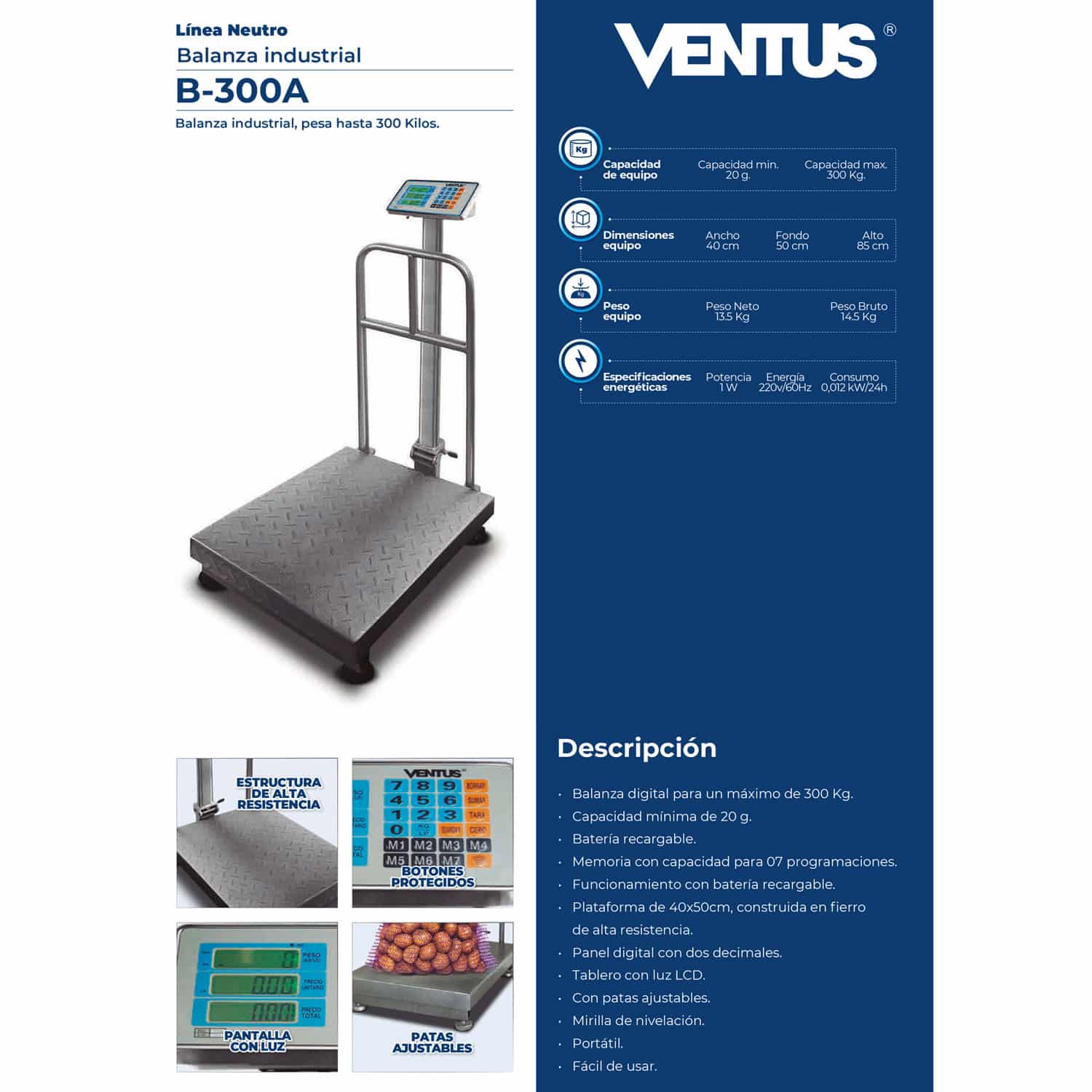 Balanza industrial Ventus B-300A con plataforma de fierro de 40 x 50 cm