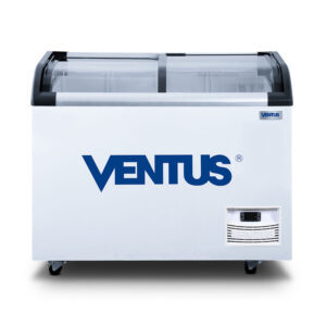 Congeladora Ventus CTV-220Q PRO, vista frontal con doble tapa de vidrio curvo