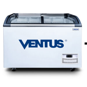 Congeladora Ventus CTV-320Q PRO, vista frontal con doble tapa de vidrio curvo