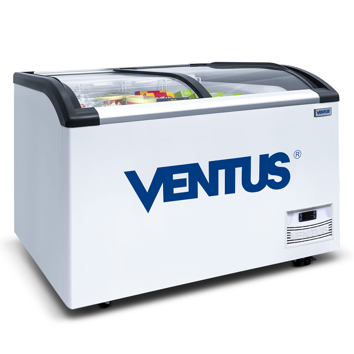 Congeladora Ventus CTV-520Q PRO, vista frontal con doble tapa de vidrio curvo