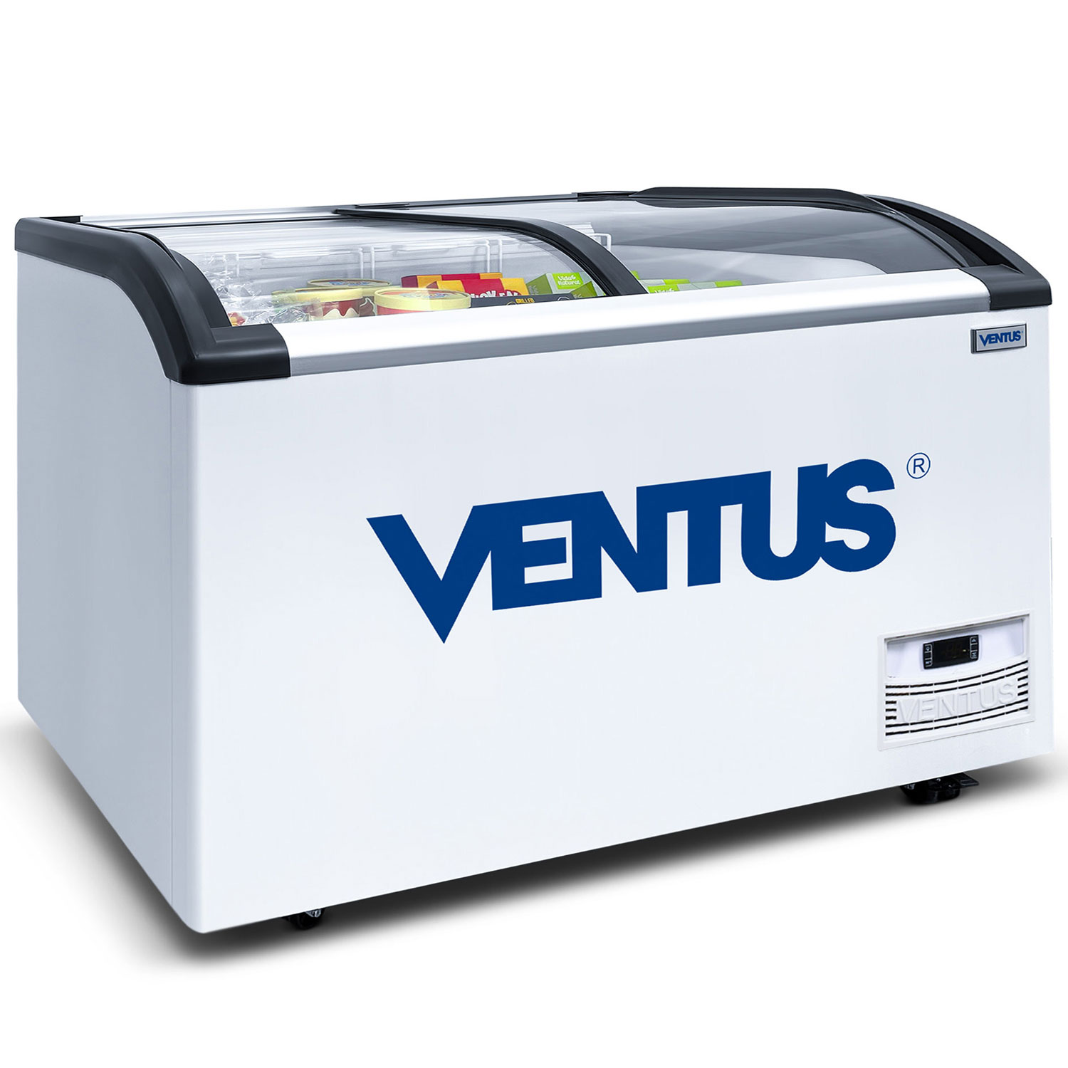 Congeladora Ventus CTV-620Q PRO, vista frontal con doble tapa de vidrio curvo