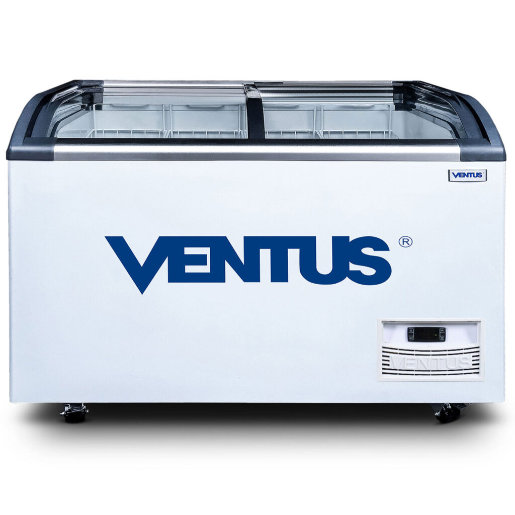 Congeladora Ventus CTV-620Q PRO, vista frontal con doble tapa de vidrio curvo