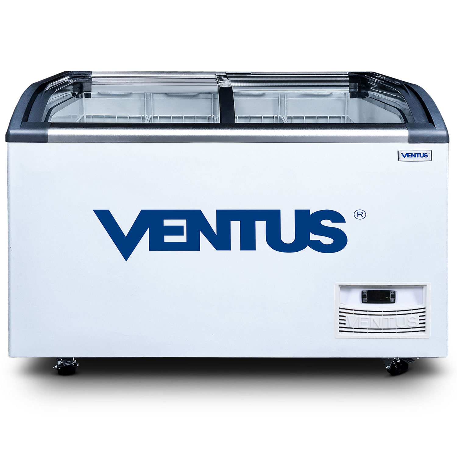 Congeladora Ventus CTV-620Q PRO, vista frontal con doble tapa de vidrio curvo