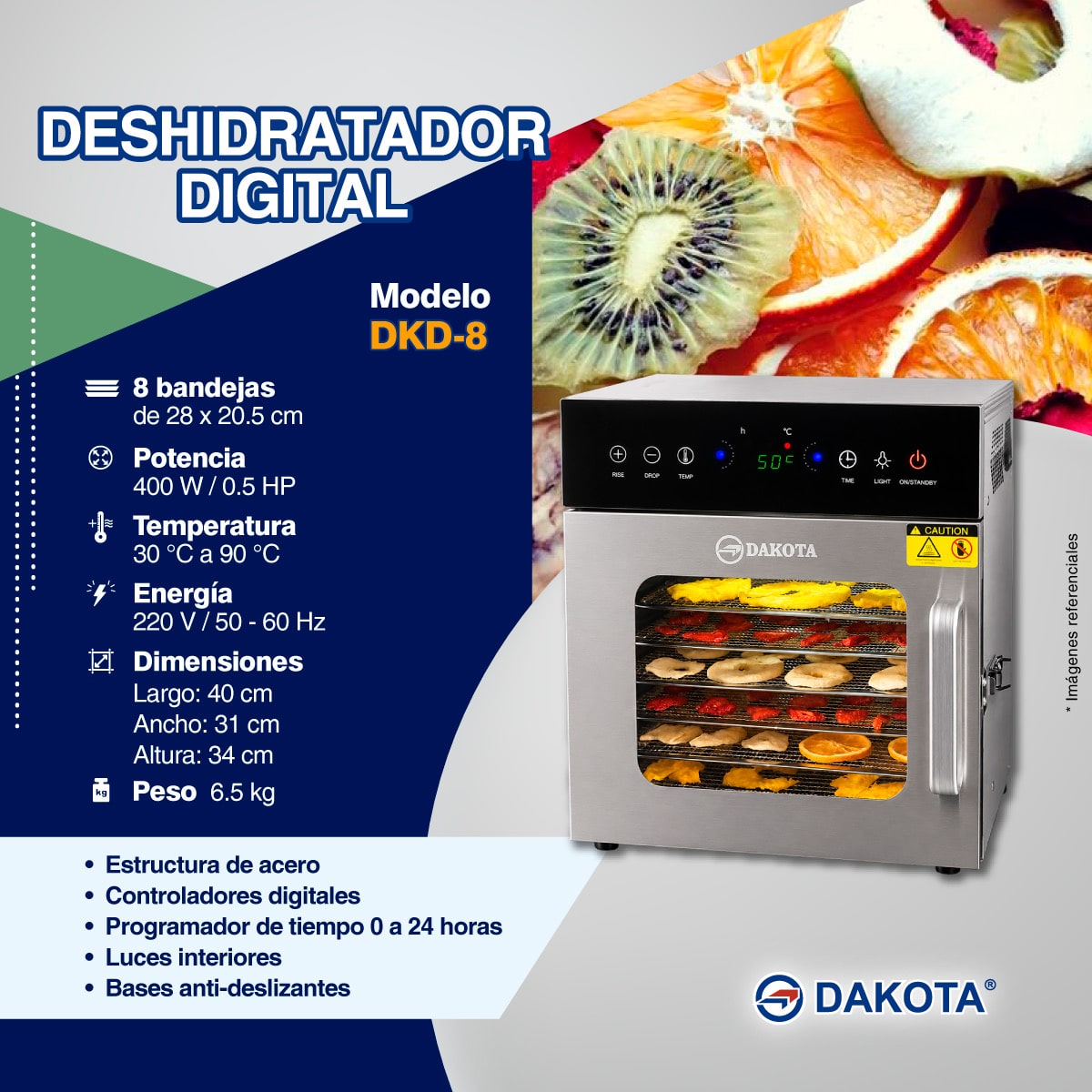 Ficha técnica del deshidratador digital DKD-8: 8 bandejas, 400 W y 30 a 90 °C