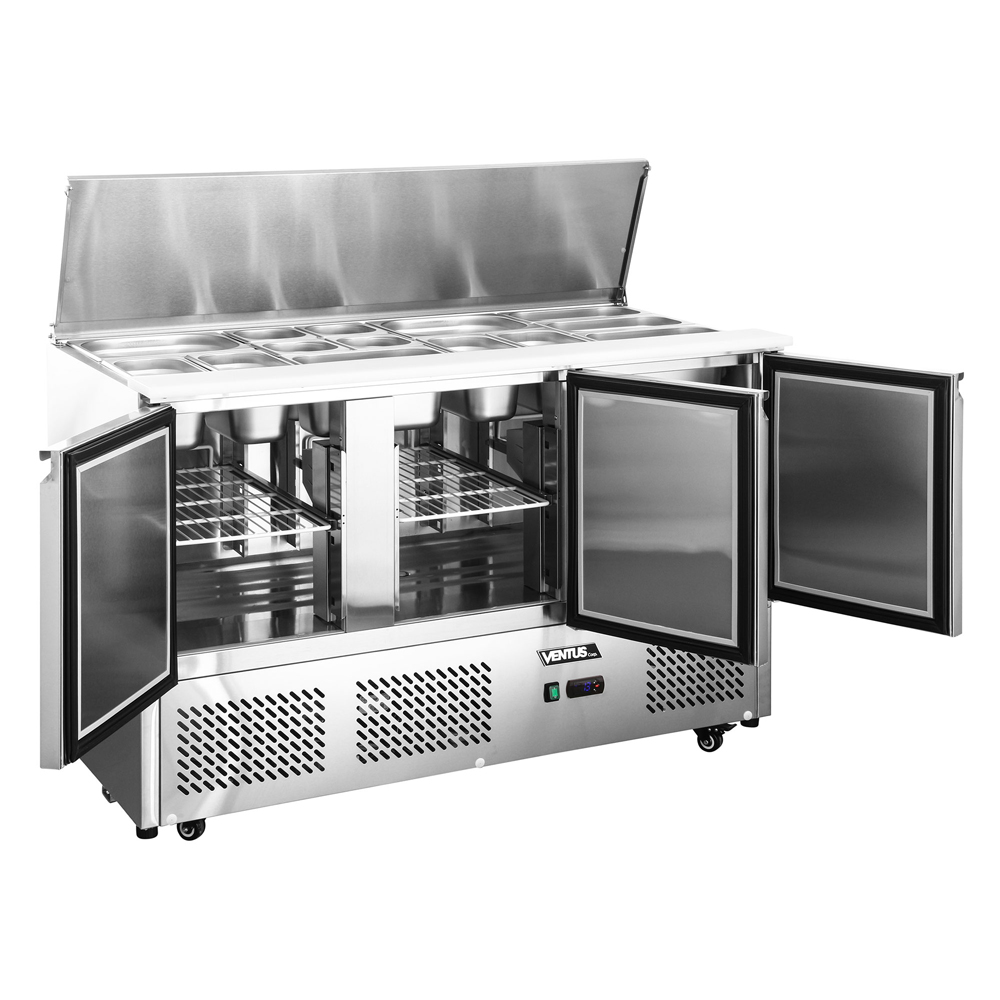 Mesa ensaladera refrigerada Ventus VMRSL-385 con puertas abiertas