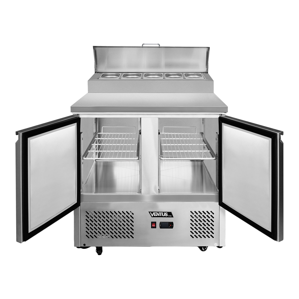 Mesa ensaladera refrigerada Ventus VMRSL-370 con puertas abiertas