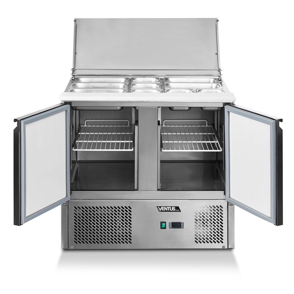 Mesa ensaladera refrigerada Ventus VMRSL-380 con puertas abiertas