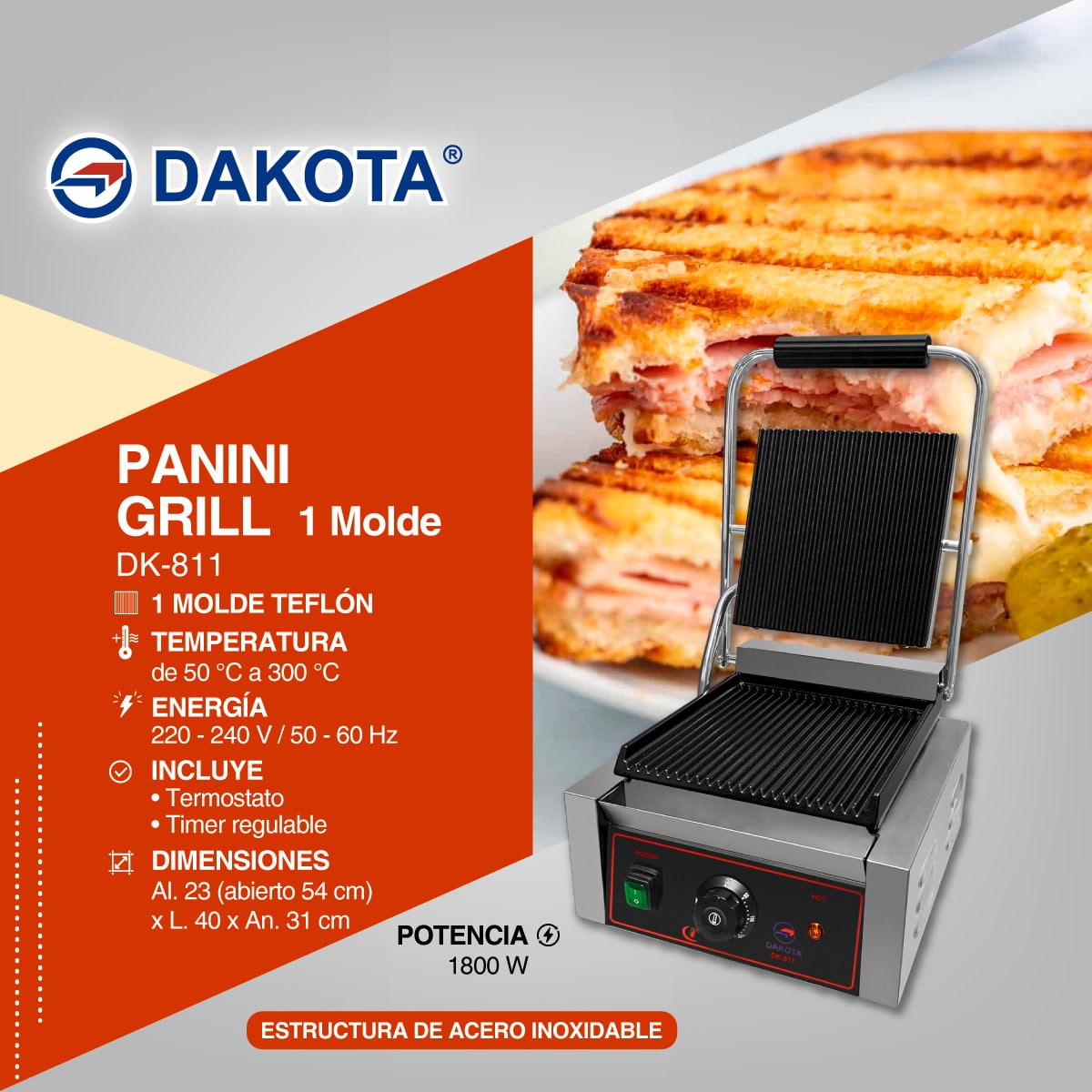 Ficha técnica del panini grill Dakota DK-811 con potencia, temperatura y medidas