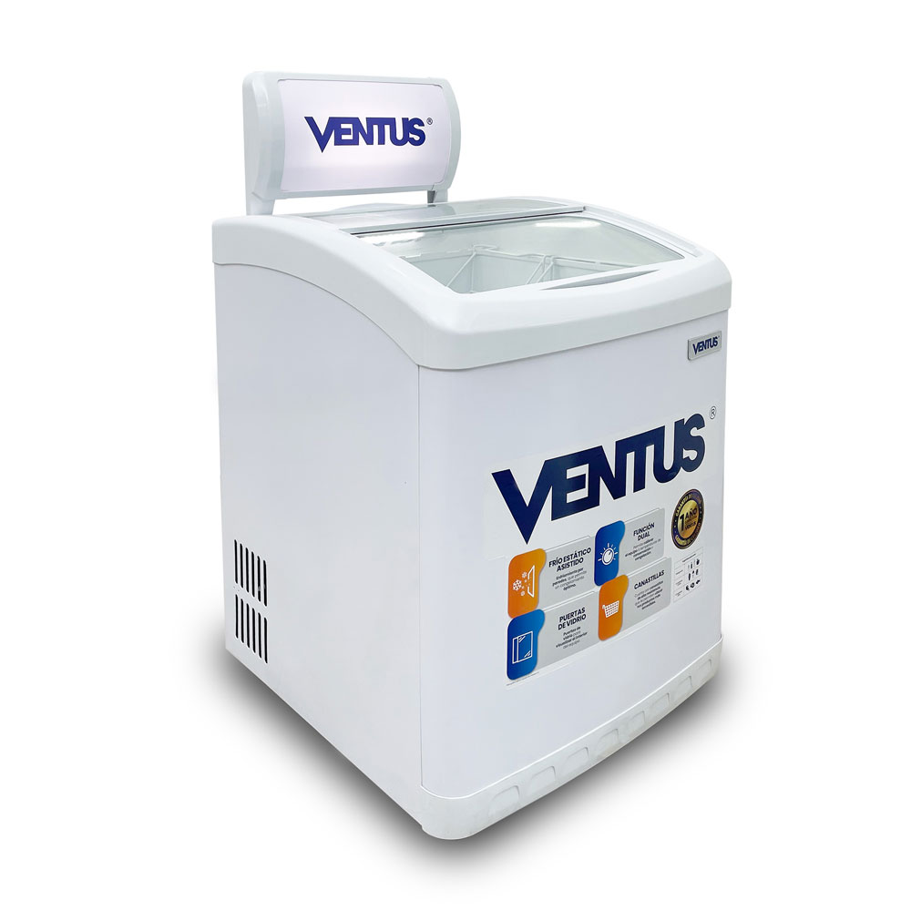 Congeladora de tapa de vidrio curvo Ventus CTV-160CD vista diagonal