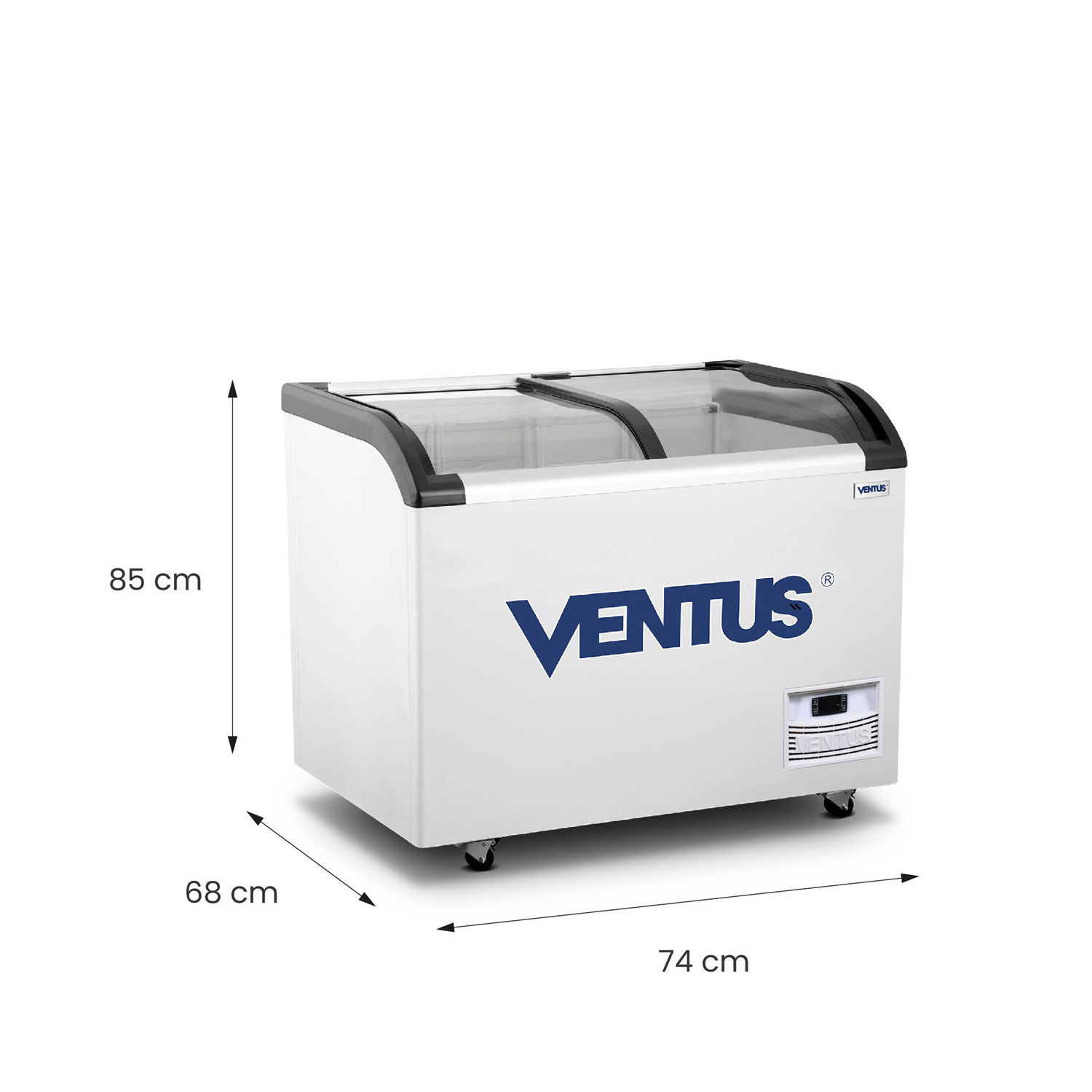 Congeladora Ventus CTV-220Q PRO, vista frontal con doble tapa de vidrio curvo