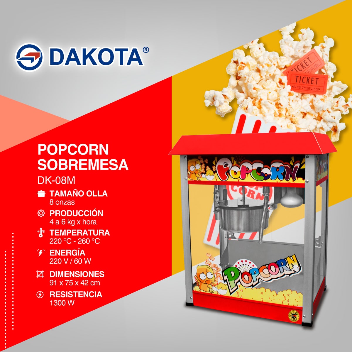 Ficha técnica de la máquina de pop corn Dakota DK-08M sobremesa de 8 onzas