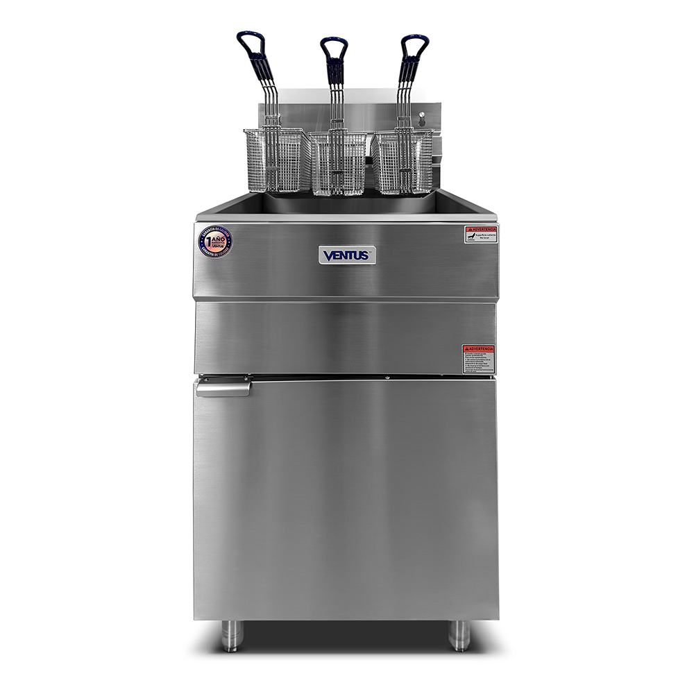Freidora a Gas Ventus VFP-37L3 de pedestal con 3 canastillas y 37 litros, vista frontal