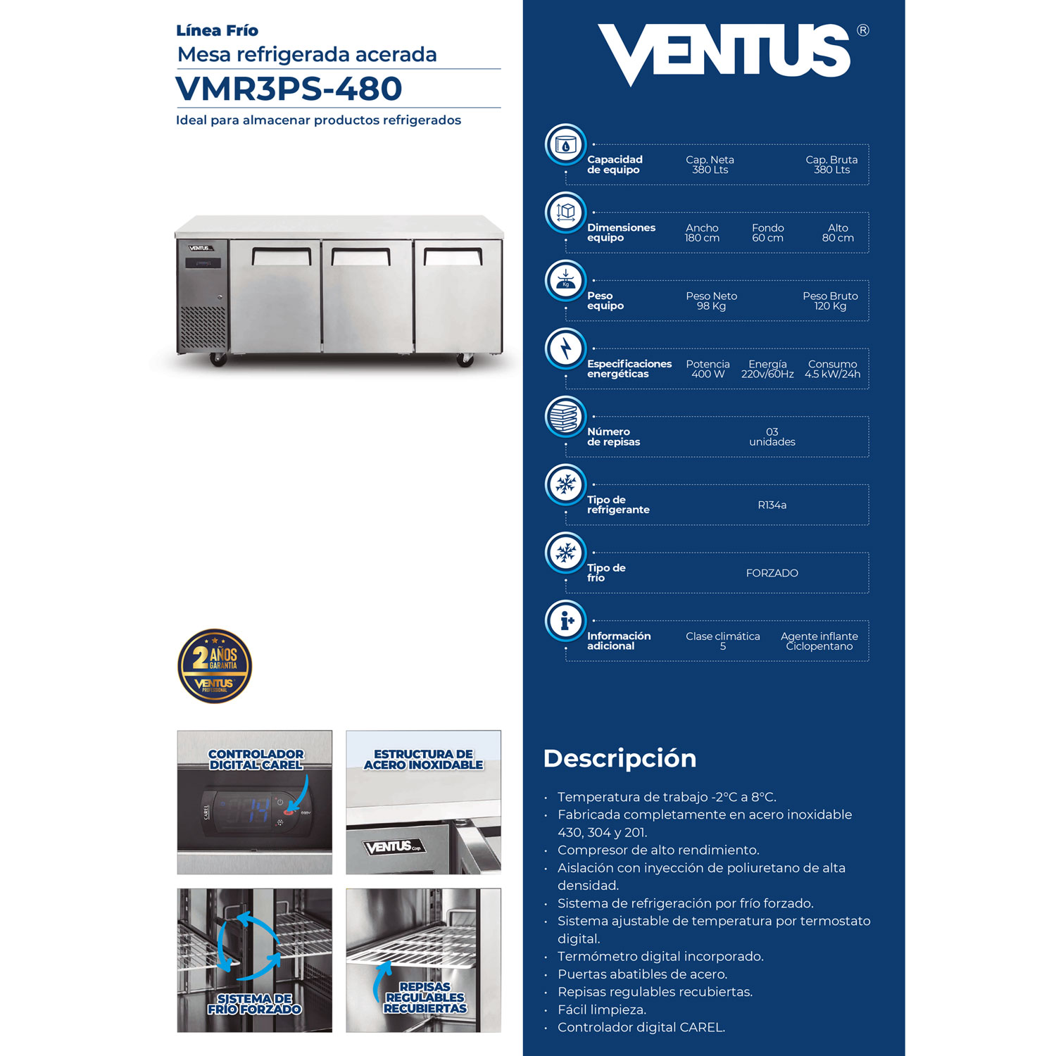 Ficha técnica del mesón refrigerado Ventus VMR3PS-480