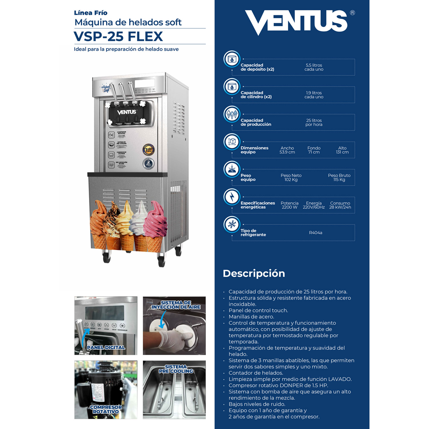 Ficha técnica de la máquina de helado Ventus VSP-25 FLEX