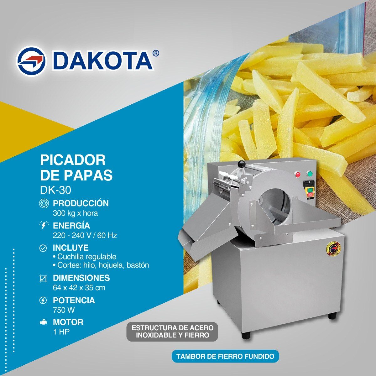 Ficha técnica de la picadora industrial de papas Dakota DK-30, 300 kg/h y 750 W