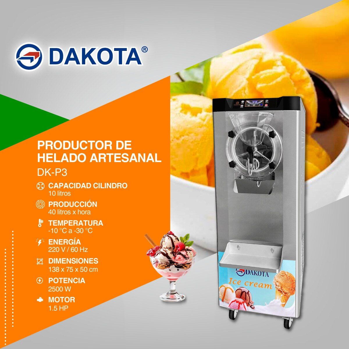 Ficha técnica de la productora de helado artesanal Dakota DK-P3 de piso