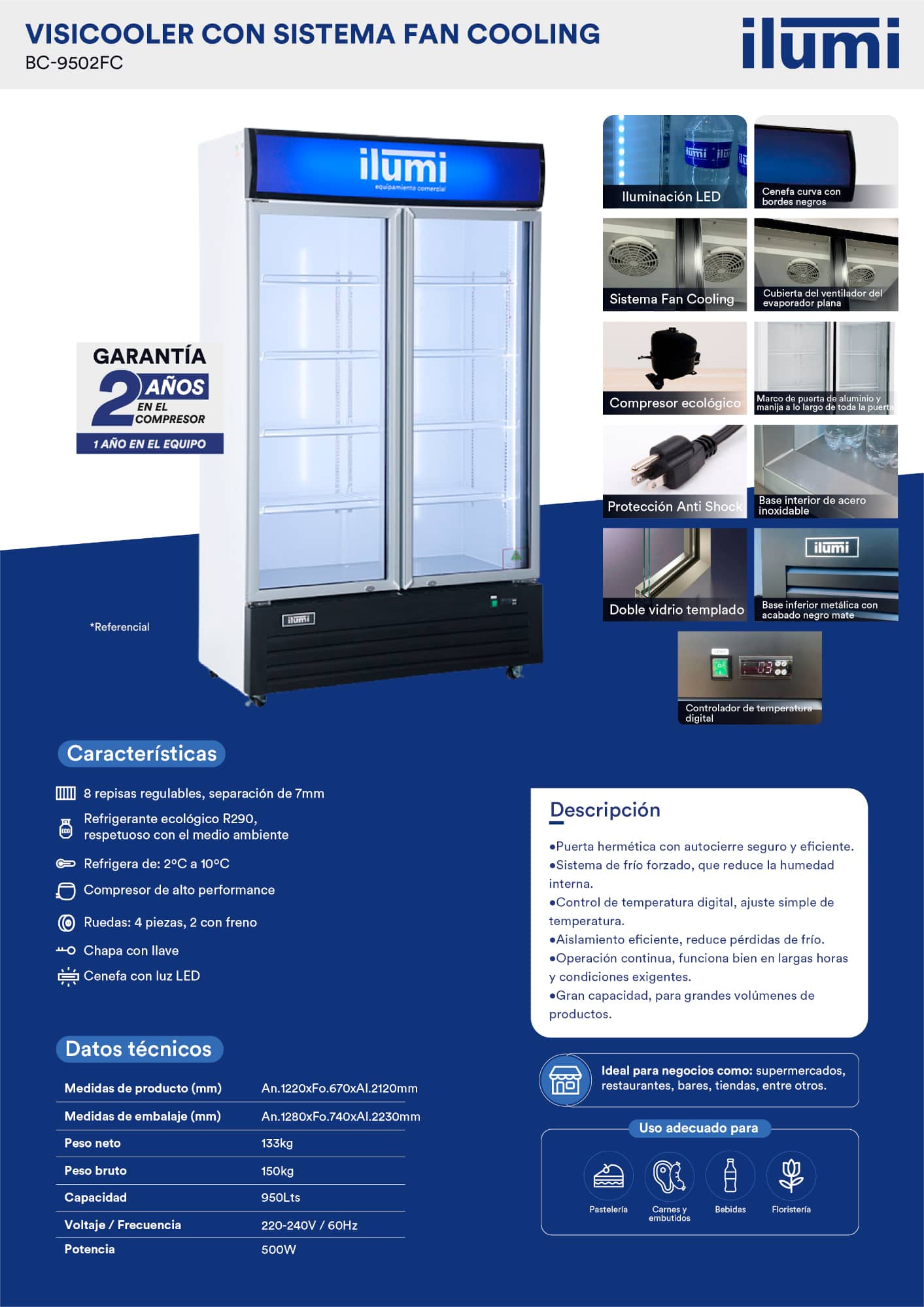 Ficha técnica del visicooler Ilumi BC-9502FC con medidas y potencia