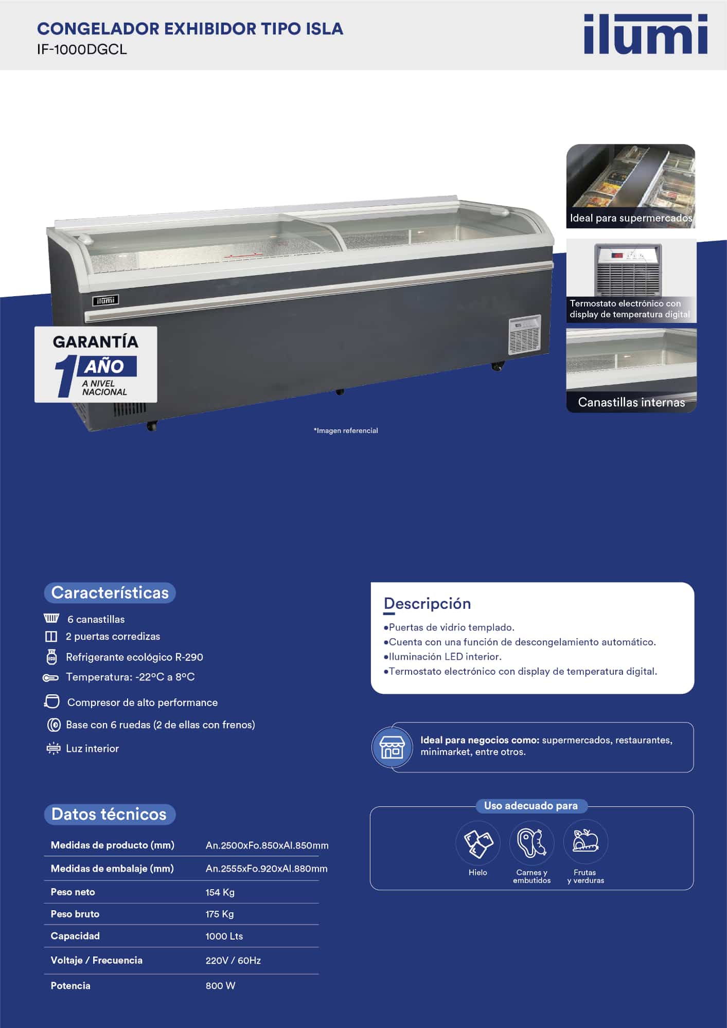 Ficha técnica del congelador tipo isla IF-1000DGCL Ilumi con medidas, capacidad y datos eléctricos