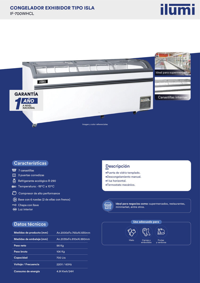 Congelador tipo isla Ilumi IF-700WHCL de 700 litros