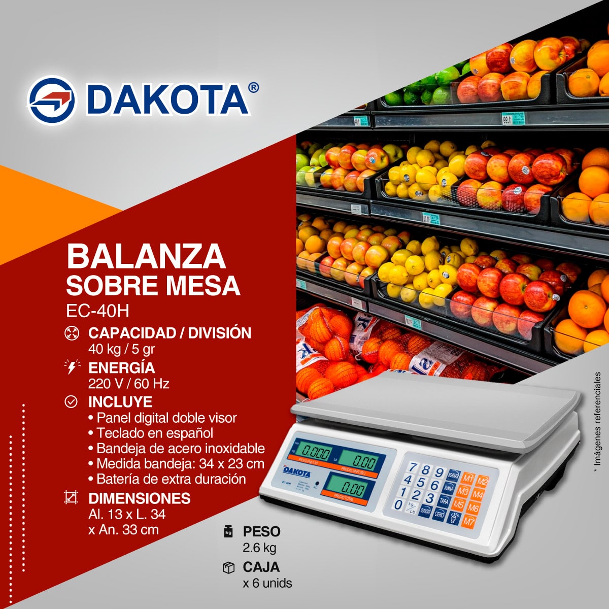 Ficha técnica de la balanza Dakota EC-40H con capacidad, división y medidas