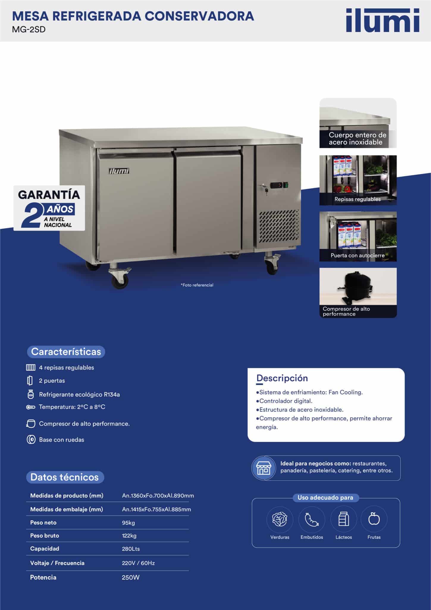Ficha técnica oficial del modelo MG-2SD con medidas, pesos y temperatura