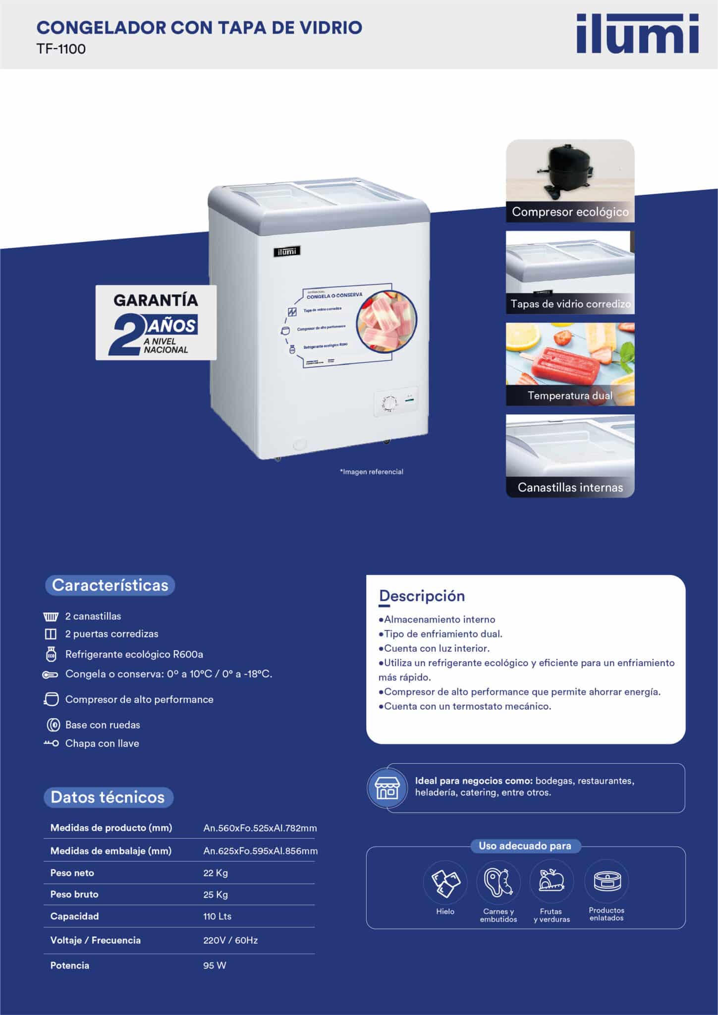 Ficha técnica de la congeladora con tapa de vidrio TF-1100 Ilumi