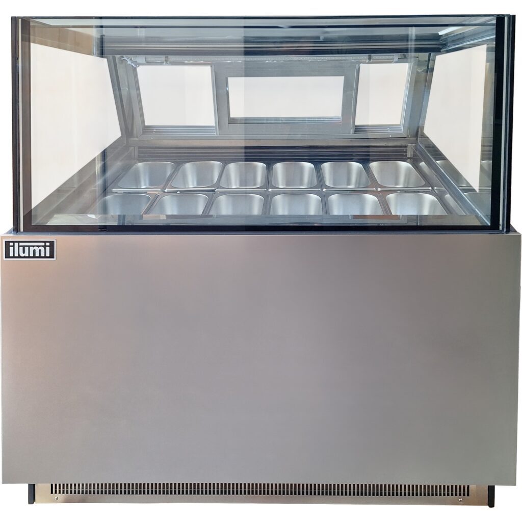 Congeladora para helados Ilumi ICL-1200SQ de acero inoxidable con tapa de vidrio