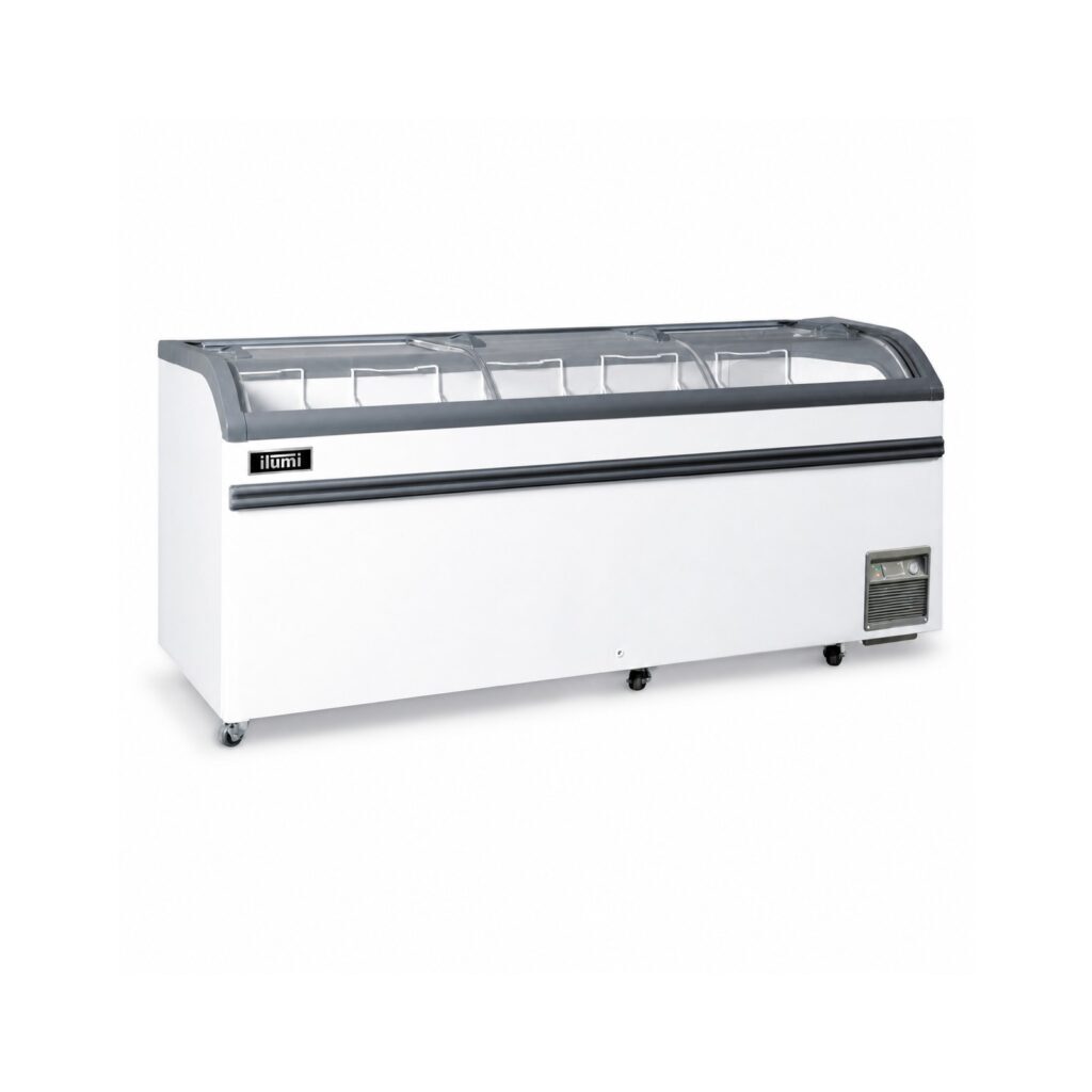 Congelador tipo isla Ilumi IF-700WHCL 700 L con tapa de vidrio templado