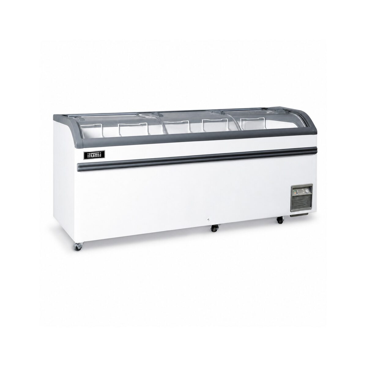 Congelador tipo isla Ilumi IF-700WHCL 700 L con tapa de vidrio templado