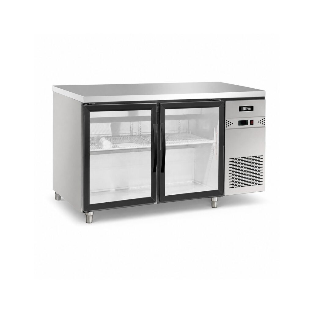 Mesa refrigerada Ilumi MG-2GD-S con fondo blanco