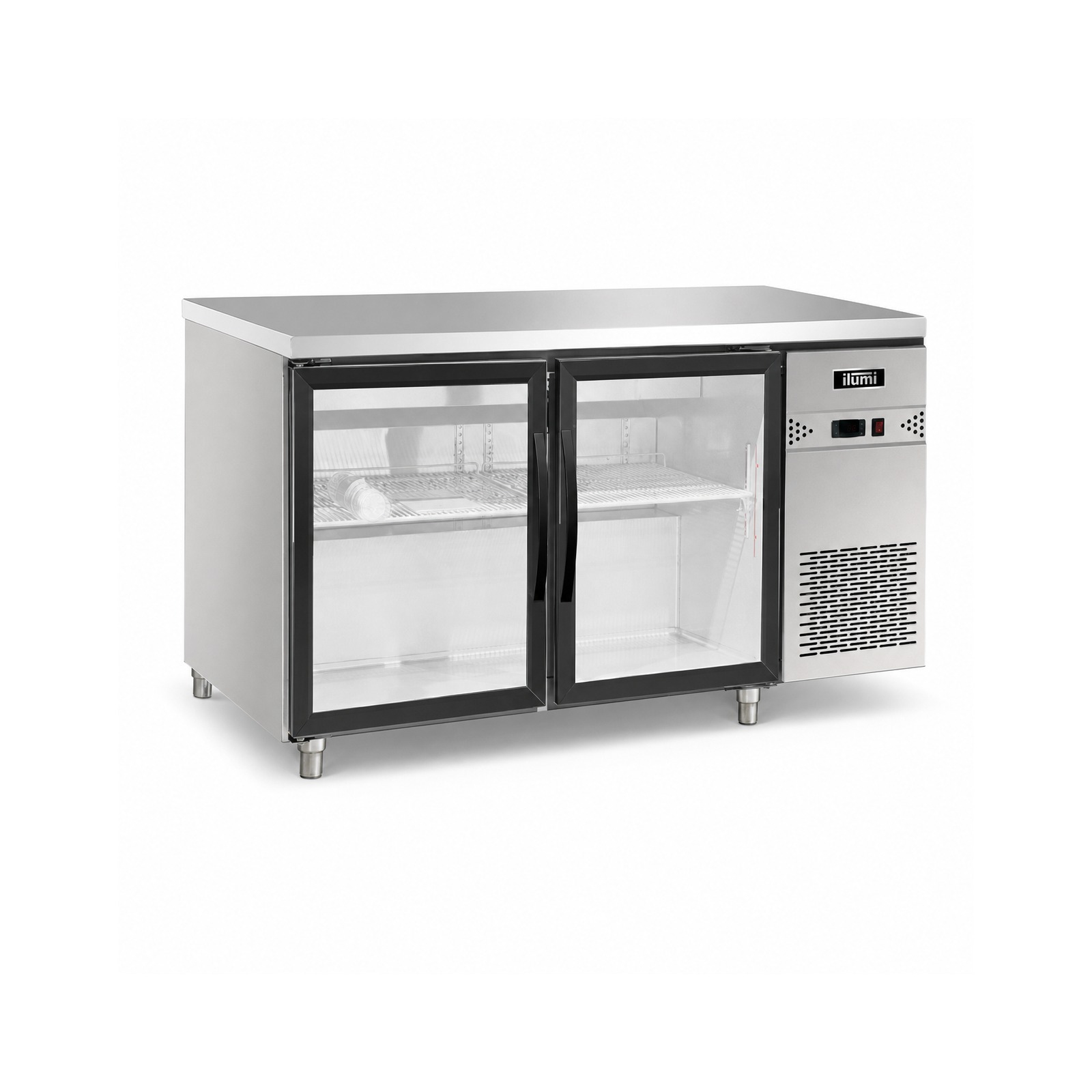 Mesa refrigerada Ilumi MG-2GD-S con fondo blanco