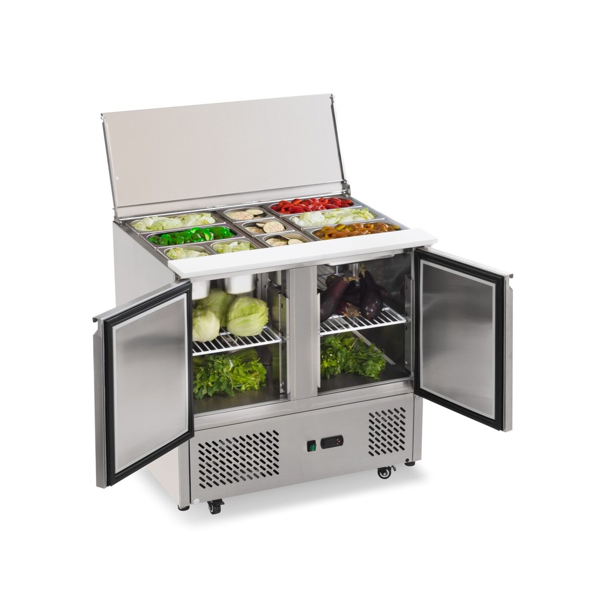 Mesa ensaladera Ilumi SLD-2SD con las pozas llenas y las dos puertas abiertas