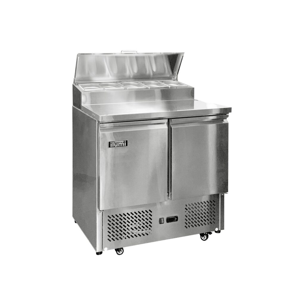 Mesa pizzera Ilumi SLD-2TS con fondo blanco