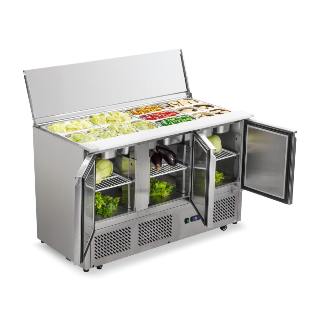 Mesa ensaladera Ilumi SLD-3SD con fondo blanco