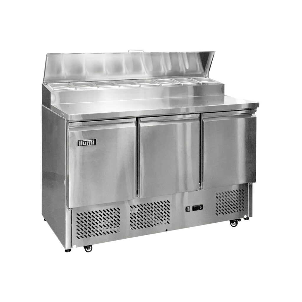 Mesa pizzera Ilumi SLD-3TS con fondo blanco