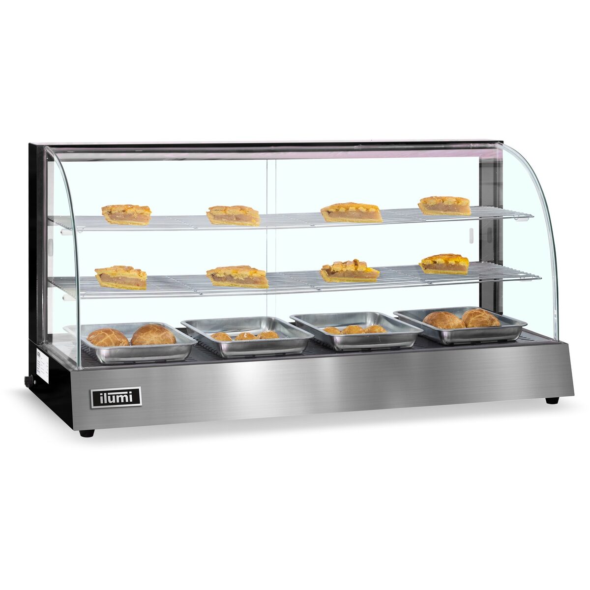 Vitrina caliente Ilumi VCM-120 cargada, vista en tres cuartos con luz LED