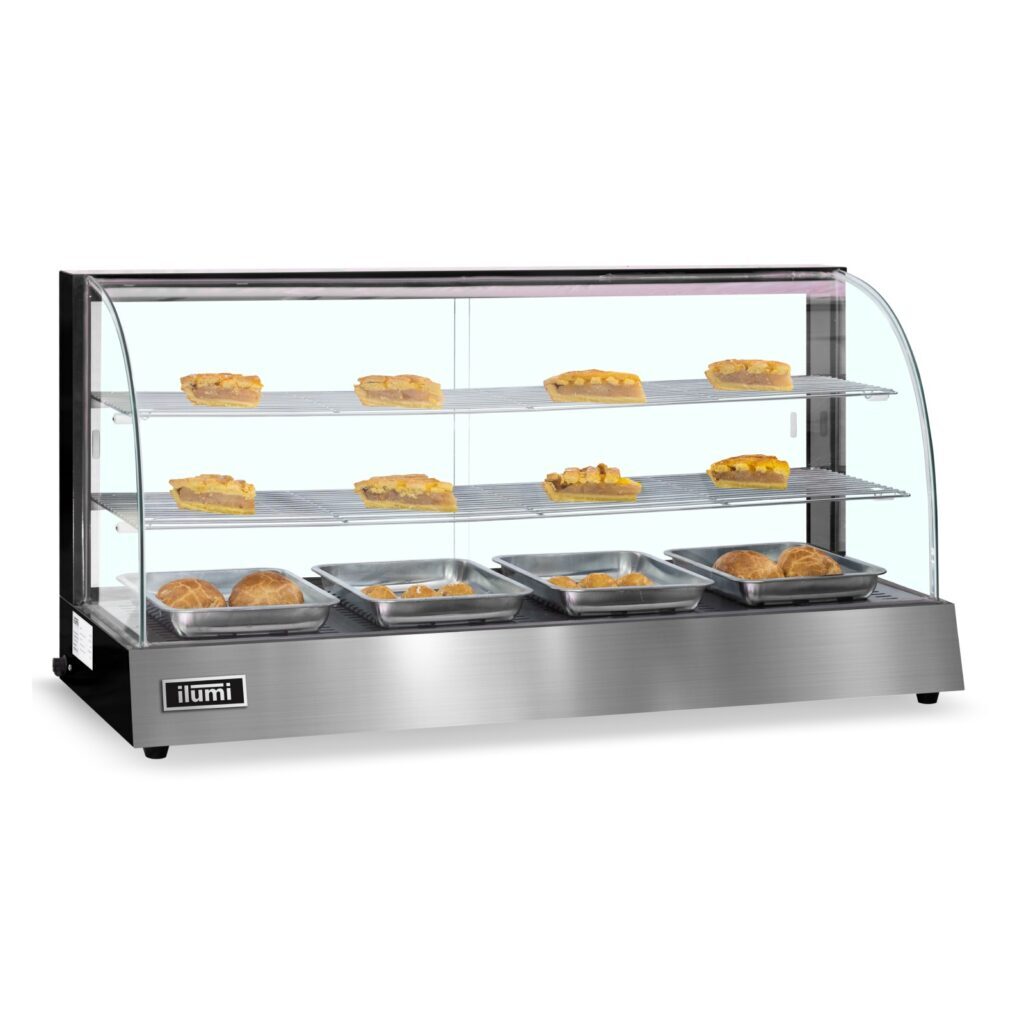 Vitrina caliente Ilumi VCM-120 de acero inoxidable con pan y empanadas