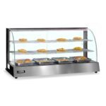 Vitrina caliente Ilumi VCM-120 de acero inoxidable con pan y empanadas