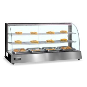Vitrina caliente Ilumi VCM-120 de acero inoxidable con pan y empanadas