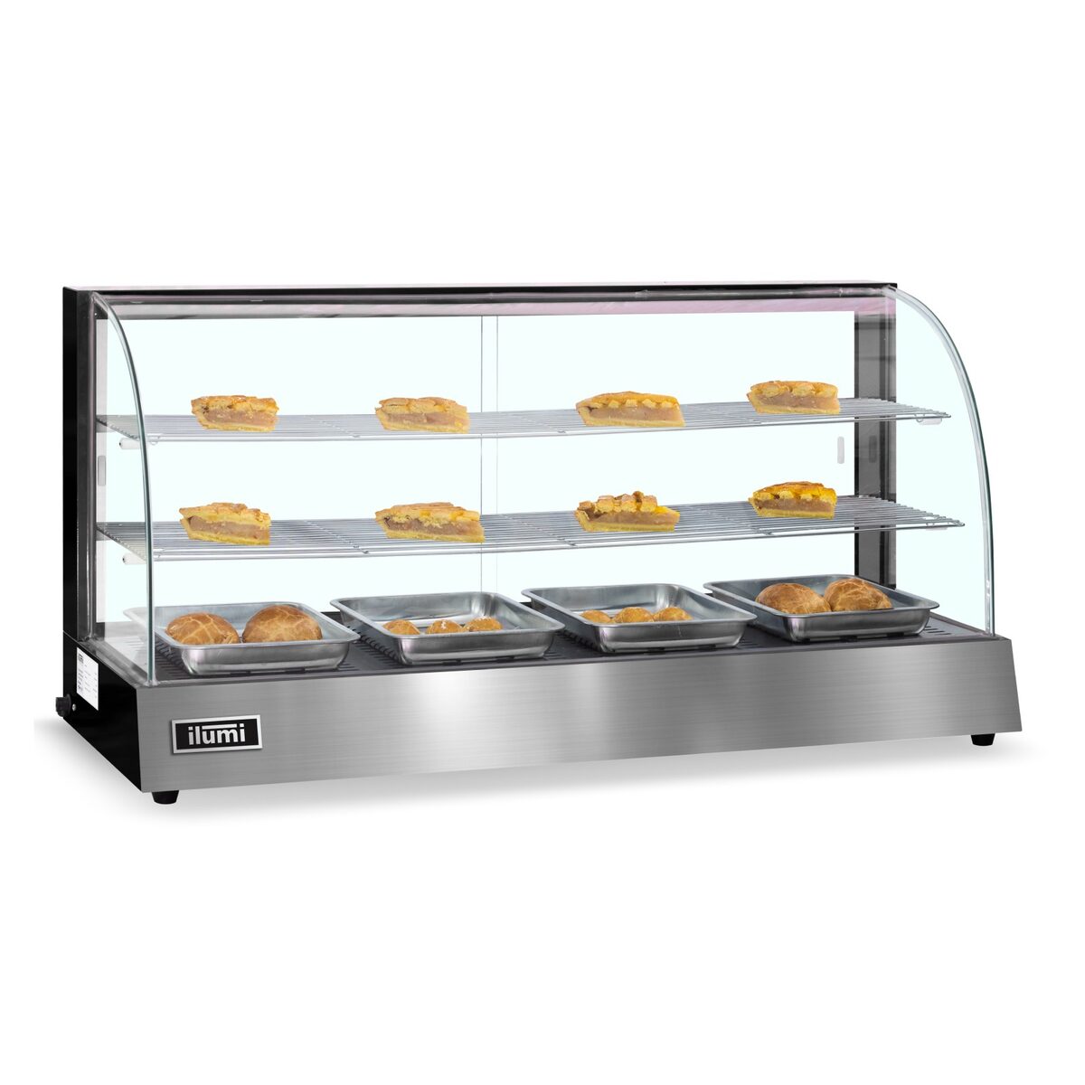 Vitrina caliente Ilumi VCM-120 de acero inoxidable con pan y empanadas