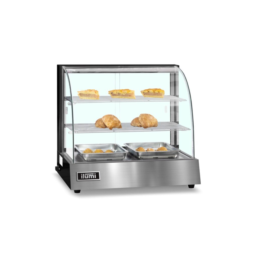 Vitrina caliente Ilumi VCM-66 de acero inoxidable con empanadas y pasteles