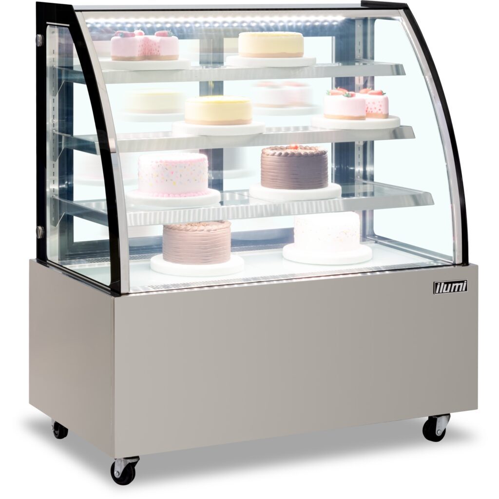 Vitrina refrigerada Ilumi VRDH-1250AI de acero inoxidable con vidrio curvo