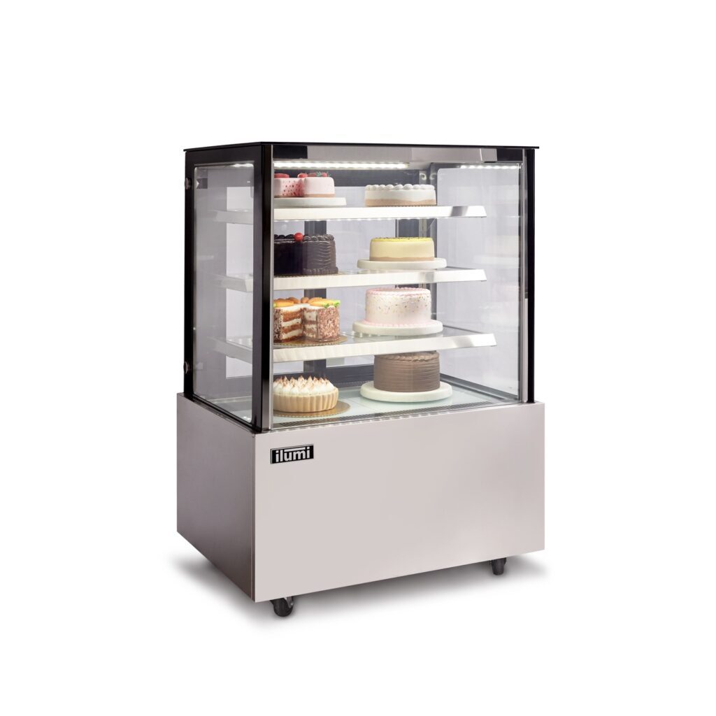 Vitrina refrigerada curva Ilumi VRFH-1000AI de acero inoxidable