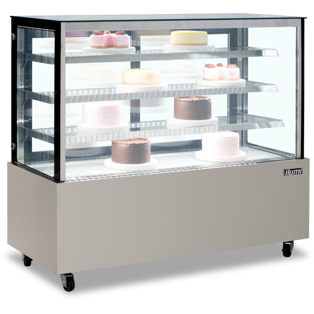 Vitrina refrigerada curva Ilumi VRFH-1500AI de acero inoxidable