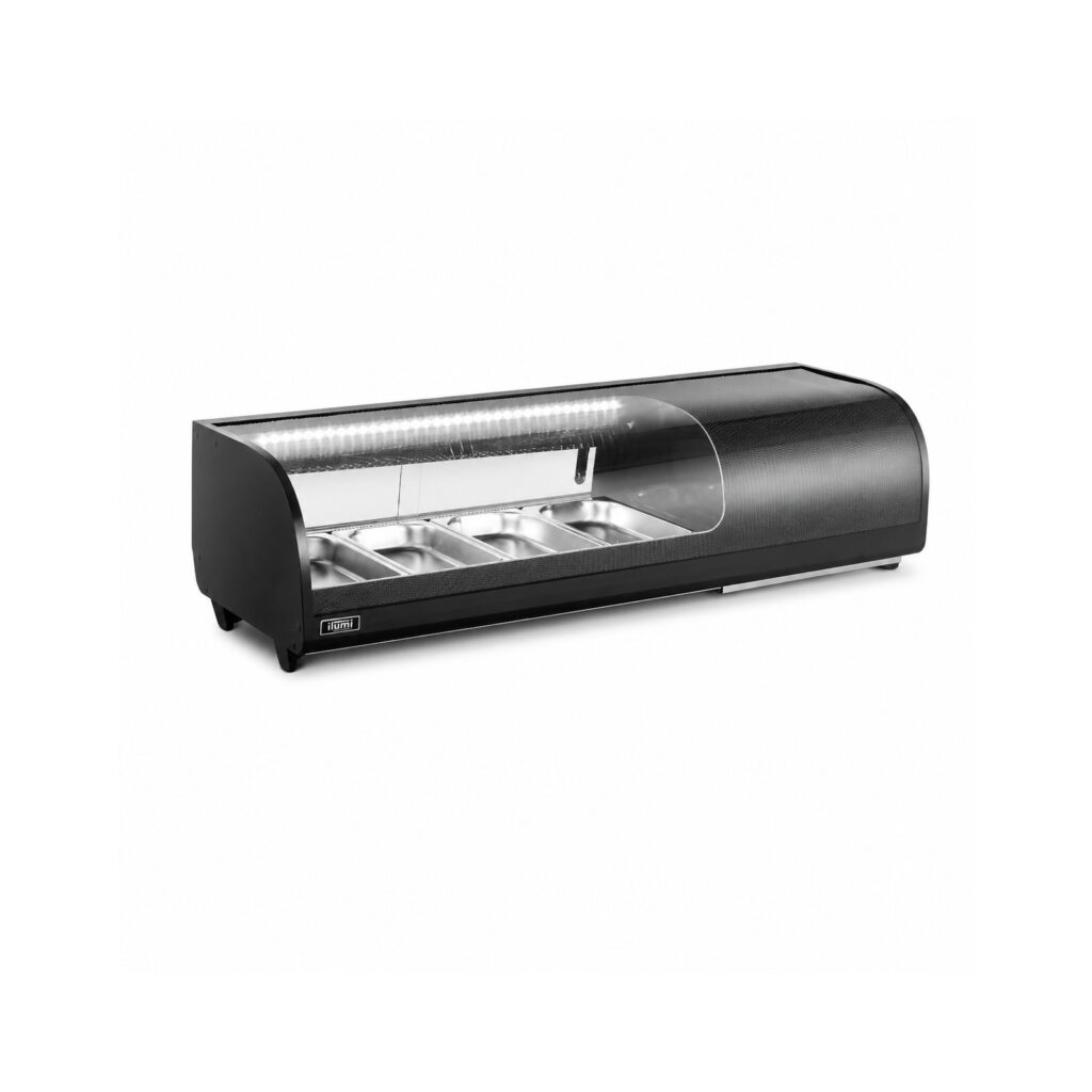 Vitrina refrigerada para sushi Ilumi VRS-420 con fondo blanco
