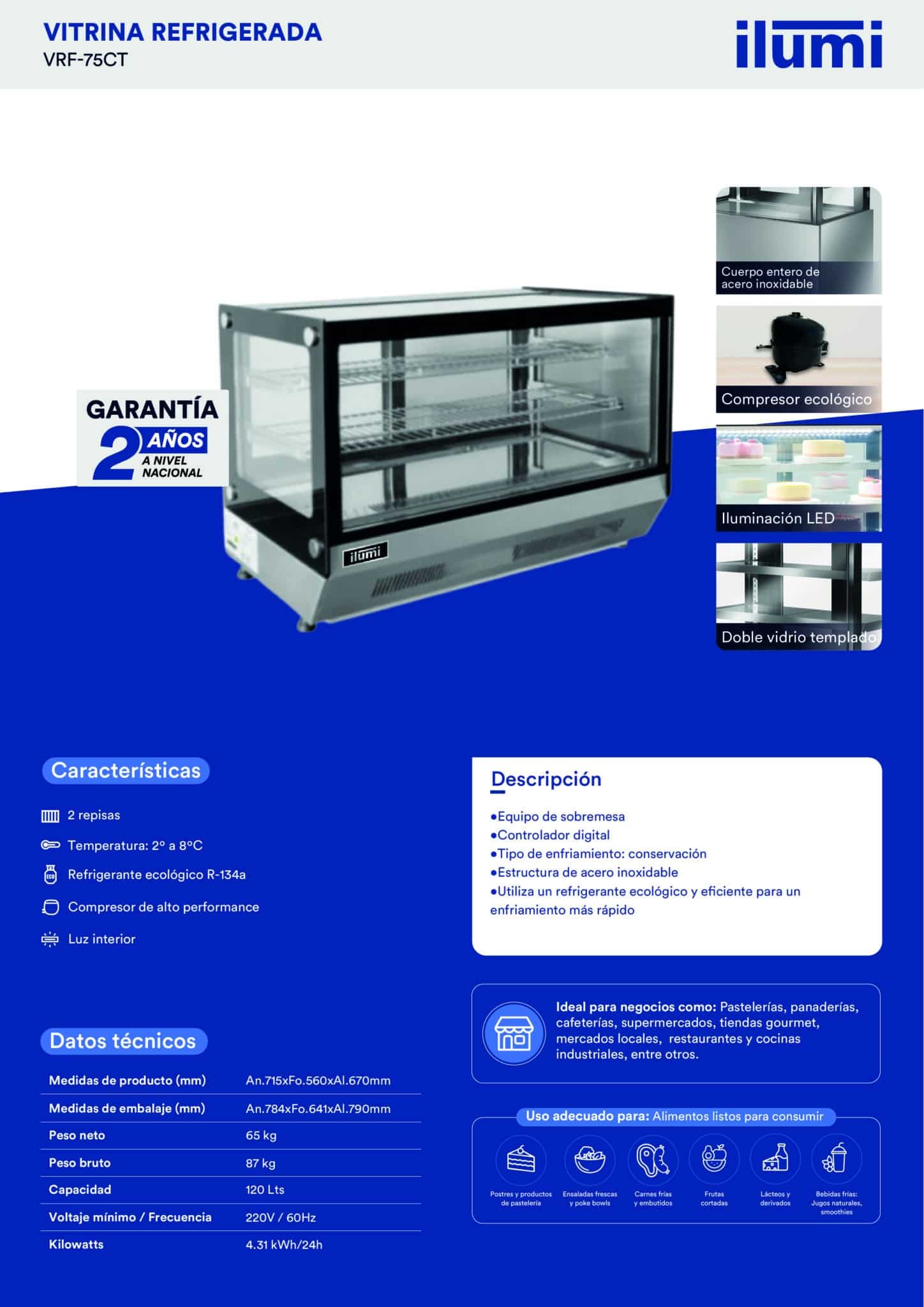 vitrina refrigerada Ilumi VRF-75CT de 120 L en acero inoxidable