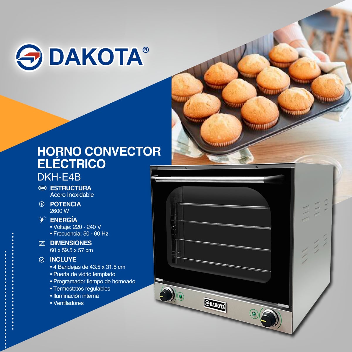 Horno Convector Eléctrico Dakota DKH-E4B ficha o flyer tecnico